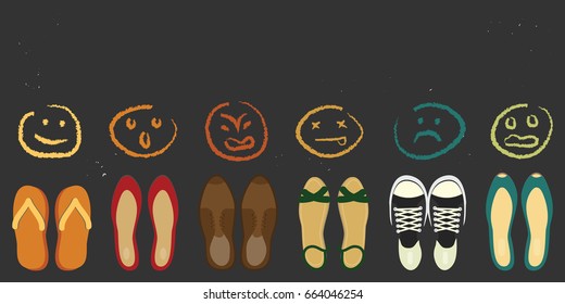 vector illustration for different shoes and variety of moods for personality types and reactions concepts