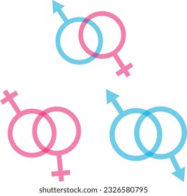 Vector illustration of different signs and symbols of sexual intercourse. Heterosexual and Homosexual sexual relations. Couples and sex. Sexual health. Symbols of Venus and Mars.