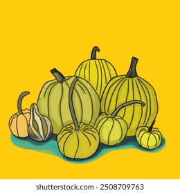 Vector illustration with different sized pumpkins. Composition with pumpkins. Autumn illustration with traditional vegetables. Pumpkin, vegetables, autumn, composition. Color vector illustration