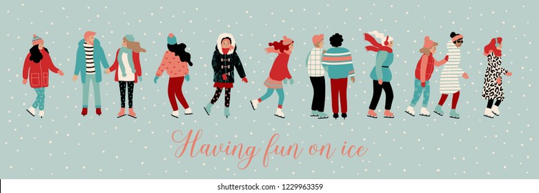 Vector illustration of different skating people on banner. Trendy retro style. Graphic design elements, great for Christmas and New Year related prints, cards, pattern making etc.