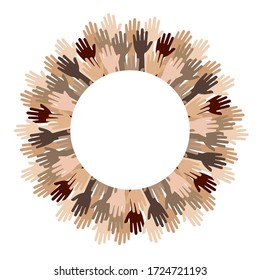 vector illustration of different skin color hands in circle for international cooperation and tolerance concept