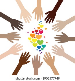 vector illustration of different skin color hands and rainbow hearts for embracing differences and love
