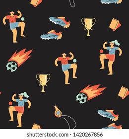 Vector illustration with different soccer or football elements and a girl and a boy soccer players. Seamless pattern that can be used for wrapping, wallpaper design, texture, textile or fabric.