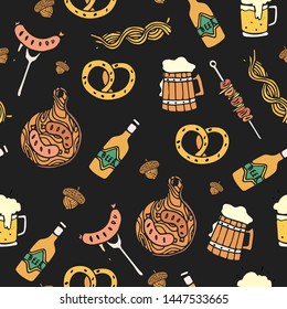 Vector illustration of different sorts of crafted beer, delicious munich sausages and pretzel . Seamless pattern for fabric, textile, wallpaper, print background for oktoberfest beer festival.