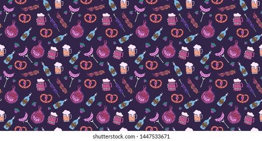 Vector illustration of different sorts of crafted beer, delicious munich sausages and pretzel . Seamless pattern for fabric, textile, wallpaper, print background for oktoberfest beer festival.