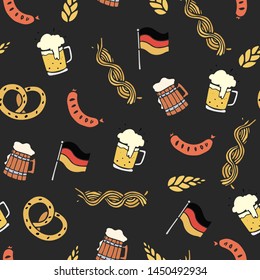 Vector illustration of different sorts of crafted beer, delicious munich sausages and pretzel and german flag. Seamless pattern for fabric, textile, print background for oktoberfest beer festival.