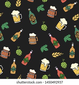 Vector illustration of different sorts of crafted beer in a bottle or schooner . Seamless pattern for fabric, textile, wallpaper, packaging background for oktoberfest, beer festival and pubs or cafes.