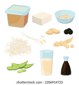 Vector illustration of different soy products. These are edamame, soybeans, soymilk, miso, black soybeans, natto, soy sauce, bean sprouts, and tofu.