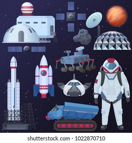 Vector illustration of different spacecraft elements, astronaut in spacesuit, colonization buildings, satellite spaceship, rocket and Mars rover.