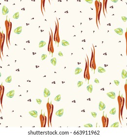 Vector illustration with different spices and red chili pepper pod. Background with hand drawn spices and herbs. Seamless pattern 