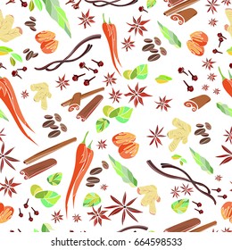 Vector illustration with different spices and red chili pepper pod. Background with hand drawn spices and herbs. Seamless pattern