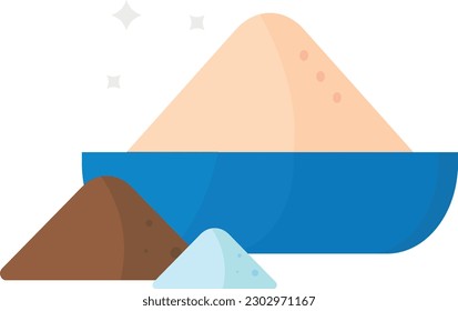 Vector illustration of different spices and seasonings such as salt, sugar, cinnamon, cumin or others. Cooking powders.