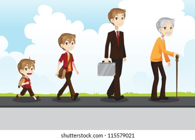 A vector illustration of a different stage of life of a man from young to old