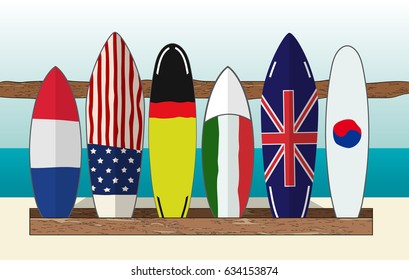Vector illustration of different surfboards. On the boards are depicted the flags of different countries