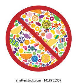 vector illustration of different sweet candies with restriction sign for sugar free and low carbs diet concept