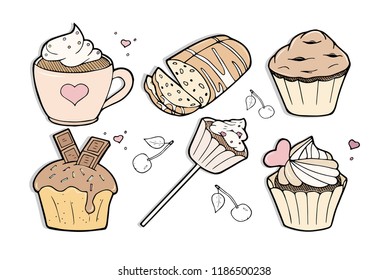 Vector illustration of different sweet delicious cakes set. Cupcake, mug cake, muffin, chocolate fondant, stick, German stollen, cherry, bakery, confectionery shop. Vintage hand drawn engraving style