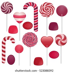 Vector illustration of different sweets. Candy cane, swirl lollipop, heart lollipop, round lollipop, jellies, hard candies. 