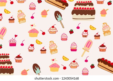 Vector illustration different sweets on pink background. Lollipops, cake, caramel, ice-cream, macarons, chocolate bar, candies and donut on shine background. Wrapping paper design. 