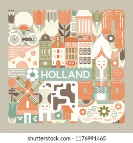 Vector illustration with different symbols of Holland made in modern vector style. Square concept.