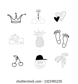 Vector illustration with different symbols:crown, motivation,hearts,money,pineapple,footprints,cherry,smiley face,palm.