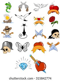 Vector illustration of different tattoos set