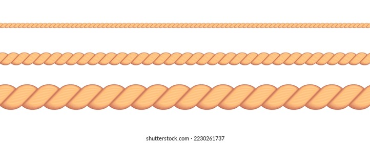 Vector illustration of different thickness ropes isolated on white background. Realistic vintage ropes seamless pattern.