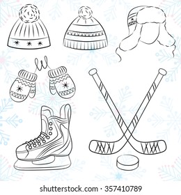 Vector illustration of different things that we can use in winter such as hat, mittens, hockey stick, hockey skate