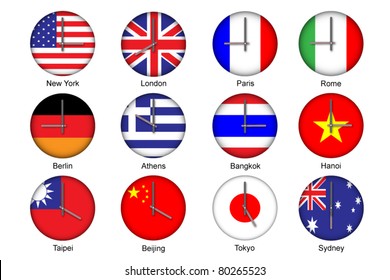 Vector illustration of different time zone on national flag clock