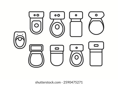Vector illustration of different toilet and urinal designs in top view. Ideal for bathroom planning, interior design, and architectural layouts.