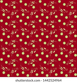 Vector illustration from different tons of green flowers and twigs of curlicues on a red background. Bright summer design.