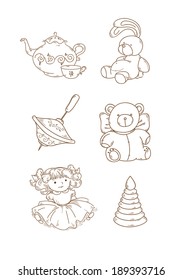 Vector illustration of different toys, isolated on white background, contour.