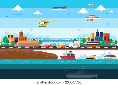 A vector illustration of different transportation in the city