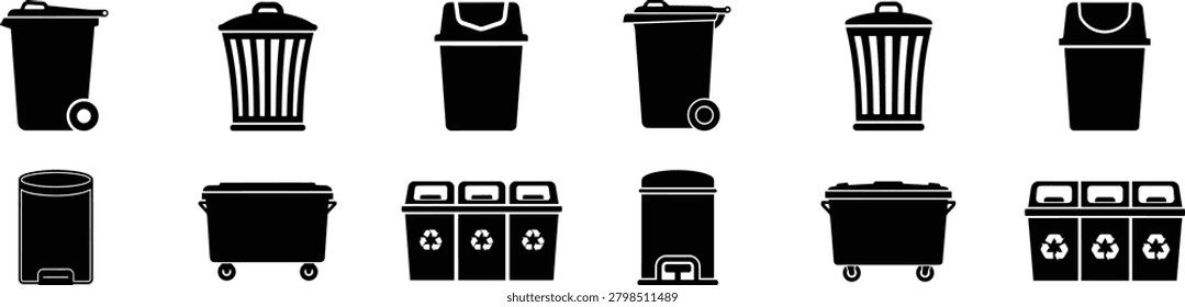 Vector illustration of different trash can styles and recycling containers for environmental management. Black silhouette set of garbage bins including wheelie bins metal cans and plastic recycling units for urban waste.