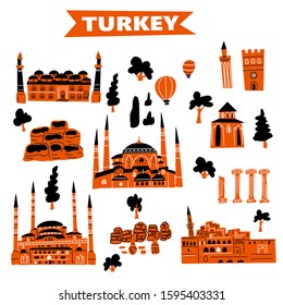 Vector illustration of different turkish attractions and landmarks.