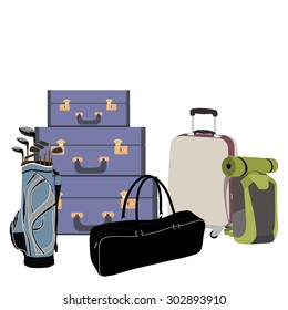 Vector Illustration Different Types Of Airport Baggage. Luggage, Travel Backpack With Hiking Mat, Golf Club Bag, Sport Bag