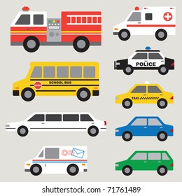 Vector illustration of different types of automobiles including fire truck, ambulance, school bus, police car, taxi, postal truck, van, etc.