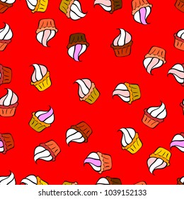 Vector illustration. Of different types of beautiful modern cakes, such as chocolate cake. Cakes seamless pattern collection. On red, white and orange.