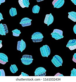 Vector illustration. Of different types of beautiful modern cakes, such as chocolate cake. On black, blue and white. Cakes seamless pattern collection.