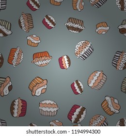 Vector illustration. Of different types of beautiful modern cakes, such as chocolate cake. Cakes seamless pattern collection. On gray, white and beige.