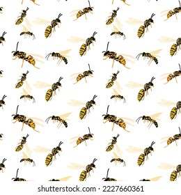 Vector illustration. Different types of bees in different positions in the form of a seamless pattern on a white background. For printing on textiles