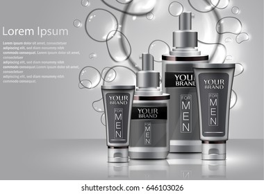 Vector illustration of  Different types of cosmetics for men with water bubbles 