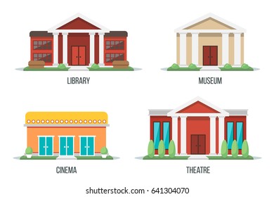 Vector illustration of different types of cultural buildings: library, museum, cinema, theater. Isolated on white background. Flat design style. Eps 10.