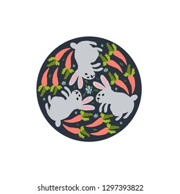 Vector illustration for different types of design. Hand drawn elements: bunny, carrot,  flowers. Easy to use for easter card, stiker,  greeting, invitation.
