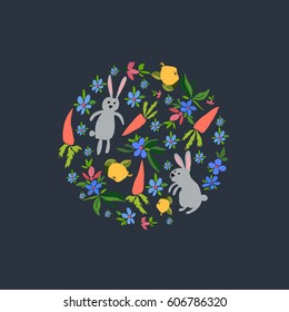 Vector illustration for different types of design. Hand drawn elements: bunny, carrot, apple, flowers. Easy to use for easter card, greeting, invitation.