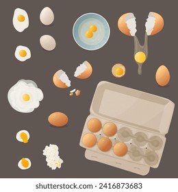 Vector illustration. Different types of eggs. Omelet, scrambled eggs, boiled egg, fried egg. Breakfast. Preparation