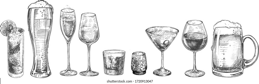 Vector illustration of different types of glasses. Tall long drink, beer weizen, Champaign, red and white wine, whiskey, liquor, martini, beer tankard mug. Vintage hand drawn engraving style.