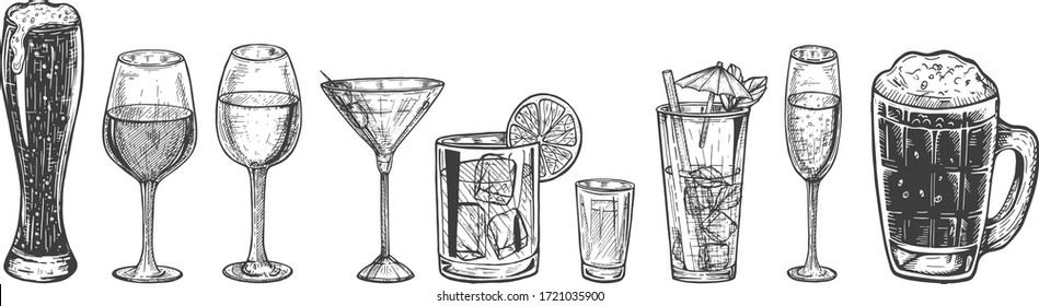 Vector illustration of different types of glasses. Tall long drink, beer weizen, Champaign, red and white wine, whiskey, liquor, martini, beer tankard mug. Vintage hand drawn engraving style.