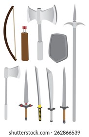 Vector illustration of different types of medieval combat weapons such as axe, bow, arrows, knife, sword and spear, isolated on white background.