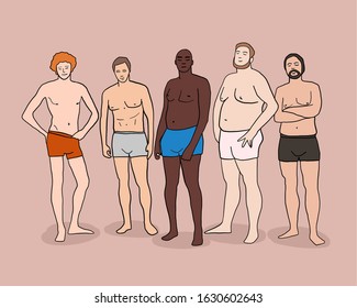 vector illustration of different types of men. Men of different nationalities. set of men in swimming trunks, the body of a man