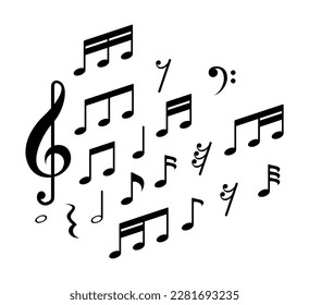 vector illustration of different types of musical notes and clef on white background